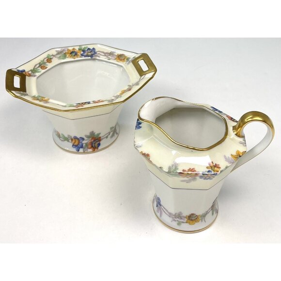 Theodore Haviland Limoges 1925-36 Miami Ivory Floral CREAMER & SUGAR *No Lid* - Picture 1 of 6